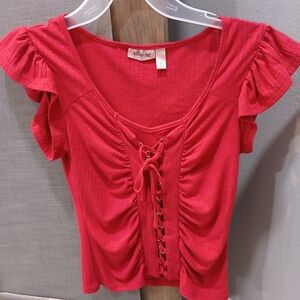 Red Ruffled Lace-Up Blouse